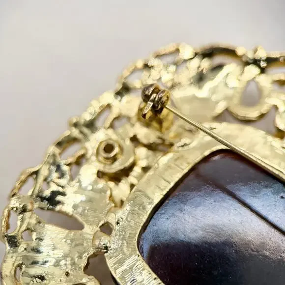 VTG Florenza Stamped Gold Large Amber Faceted Stone Etruscan Revival Brooch - Picture 9 of 14